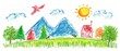 © ND STOCK - A naive children's drawing with colored chalk on white paper, made by hand by a child, shows a mountain, a sun, birds and a house isolated on white background