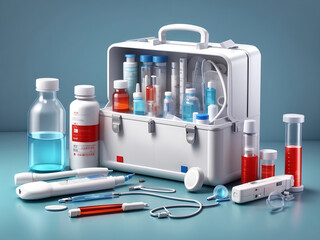 Pharmacy medical kit with realistic 3d medical equipment. Collection for first aid. Temperature measurement, throat treatment, medical help concept. Vector illustration design.