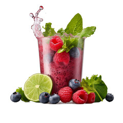 Wall Mural - Swiss Chard Surprise Smoothie: Swiss Chard, Mixed Berries, Coconut Water, Lime, Ice isolated on transparent background