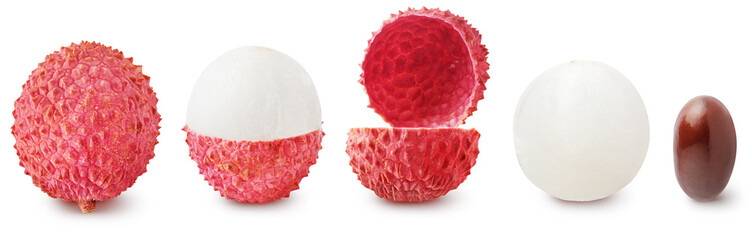 Canvas Print - Fresh lychee fruits, half and pieces in a row isolated on white background