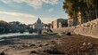 City of Rome landscape panorama as heavily drought, dry Tiber river, a desert city. Global Warming, heating temperature in Europe