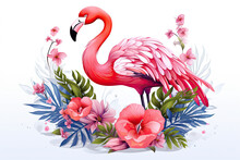 Pink Flamingo With Flowers And Leaves On Light Background.