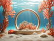 Podium for product display and presentation. Coral underwater mockup with sand design.