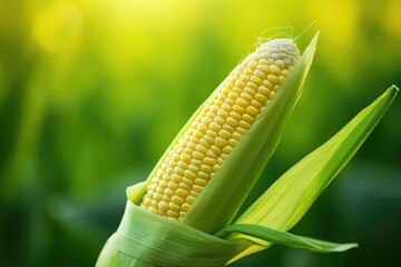 closeup corn with green farm as background, economic crops in farmland, Generative Ai