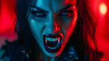 Fototapeta  - Woman vampire with open mouth and long fangs