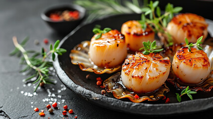 Wall Mural - Grilled scallops on a black background top view with copy space