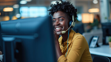 Female Telemarketer in Headset, Consulting Online Customer on Computer in Customer Support Office. Generative AI	