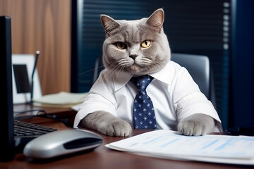 Wall Mural - A funny cat, dressed like a businessman, in a formal suit and tie, sits at his office desk.