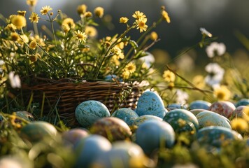 Wall Mural - Basket filled with easter eggs in grass