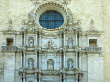 Architectural Details Of The Medieval Facade Of The Saint Mary Cathedral Of The Gerona City