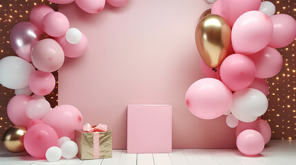 Design creative concept  birthday, party for girl  celebration  bright color style balloons, kids style. Pink birthday background decorated with balloons.