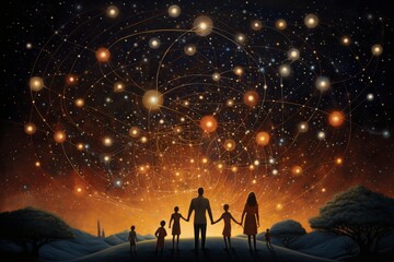 Poster - Constellation familiale, Exploration cosmique en famille : Quatre membres, deux adultes et deux enfants, émerveillés devant un ciel étoilé éblouissant, offrant une toile cosmique vaste et chaleureuse