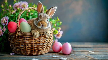 Wall Mural - A cute fluffy rabbit and a basket with bright Easter eggs next to each other on a uniform background represent the concept of celebrating Easter. The banner. Copy Space