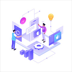 Digital Management Flat Vector Illustration Isometric Partnership