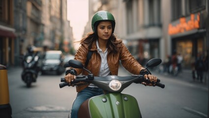 portrait of a girl riding a green motorcycle around the city