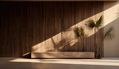 Wall Mural - A wooden table set against a backdrop of a wooden wall, adorned with the graceful shadow of a palm tree.