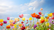 colorful spring flowers are blooming along with a blue sky background
