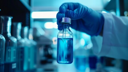 Close-up of a scientist or doctor's hand in rubber glove holding a vaccine vial for injection. Scientific development of modern medical drugs for vaccination of the population during a pandemic.