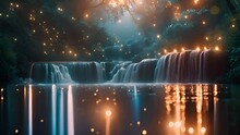 Waterfall Landscape With Magical Sparkling Lights. Fantastic Fairy Tale Background, Digital Art. Illustration Of A Mountain Dawn Landscape With Waterfalls. Beautiful Nature Water Flowing