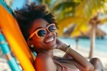 Wall Mural - accessories, fashion, people and luxury concept - beautiful young woman in elegant sunglasses over exotic tropical beach with palm trees background