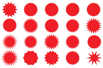 Wall Mural - Starburst red sticker set - collection of special offer sale round and oval sunburst labels and buttons isolated on white background. Promotional sticky notes and labels.