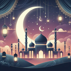 Ramadan Kareem background and mosque whit crescent moon Ai generative.