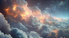 Above White Clouds. Flying Through Heavenly Beautiful Sunny Cloudscape. Amazing Timelapse Of White Fluffy Clouds Moving Softly On The Sky And The Sun Shining Above The Clouds With Beautiful Rays And L