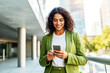 Generative AI image of smiling businesswoman using smartphone