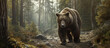 A majestic brown bear ambles through a sun-dappled forest, its gaze commanding and serene