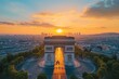 Arc de Triomphe in France, Paris, aerial view on a scenic sunset