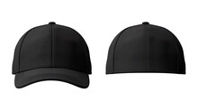 Set Of Black Front And Side View Hat Baseball Cap On Transparent Background Cutout, PNG File. Mockup Template For Artwork Graphic Design