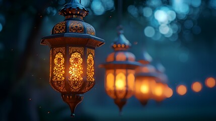 Wall Mural - Arabic lantern with bokeh lights on a dark background. Ramadan Kareem greeting card