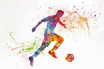 Watercolor of a soccer player on white.