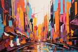 Fototapeta Nowy Jork - Vibrant abstract cityscape painting captures the lively spirit with explosive colors and dynamic shapes, adding a burst of energy to any artistic project.