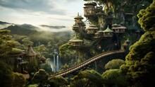 A Treehouse Village In The Heart Of A Magical Forest, With Interconnected Bridges And Platforms Among The Treetops -Generative Ai