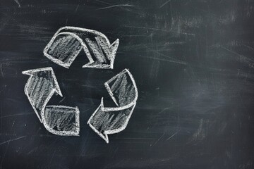 Recycling symbol drawn with white chalk on a blackboard, concept of environmental preservation and ecology.