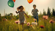 Two children laughing and running with colorful balloons in a sunny meadow