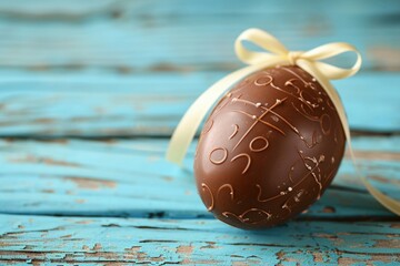 Poster - Chocolate easter egg on light blue wooden background, easter holiday concept.