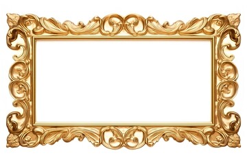 Empty gold decorative frame for a picture or photo on a white background