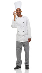 Wall Mural - Man, chef and okay sign with hands, professional and happy guy on white studio background. African person, culinary expert and mockup space with career, food industry and employee with uniform