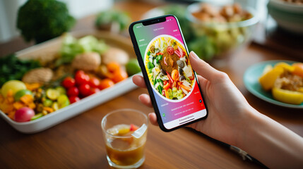 Woman using dieting app to track nutrition facts and calories in her food