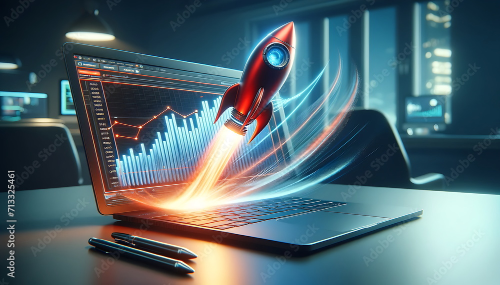 Digital illustration of launching space rocket from laptop screen. a ...