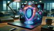 A digital illustration of the laptop has a screen lock in the shape of a shield cyber security, data protection concept. Color blue and cool ambient.