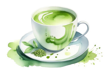 watercolor illustration of traditional Japanese green matcha tea in white cup on saucer.