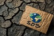 SOS written on a board over dry cracked ground, save the planet, earth day.