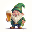 Illustration of 3d gnome in green with glass of beer. St. Patricks Day character. 