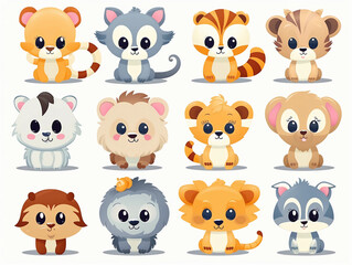  Colorful set of little cartoon animals characters. Baby animals icons set isolated on white background. Cartoon character design. Color illustration of wild animal world. Vector illustration 