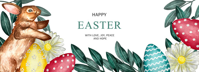 Happy Easter watercolor card, banner, border with cute Easter rabbit, eggs, spring flowers and chick in pastel colors on light green white background. Isolated Easter watercolor decoration elements