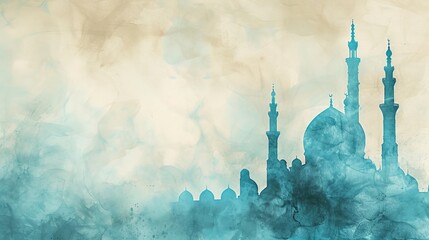 Wall Mural - aquamarine watercolor splatter stains with mosque silhouette in vintage style for eid celebration - AI Generated Abstract Art