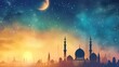 mosque silhouettes with starry night background gradient in gold and blue shade - AI Generated Abstract Art